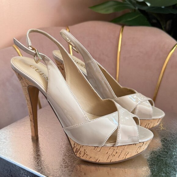 Pre-Loved: Guess Nude Patent Slingback 5.25" Platform Heels! [Size 6M] - Picture 1 of 5